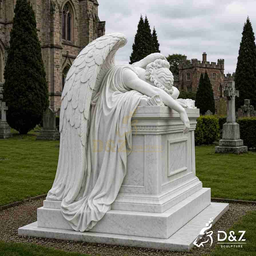 Large white marble weeping angel statue leaning on tomb chest for graveyard church monument