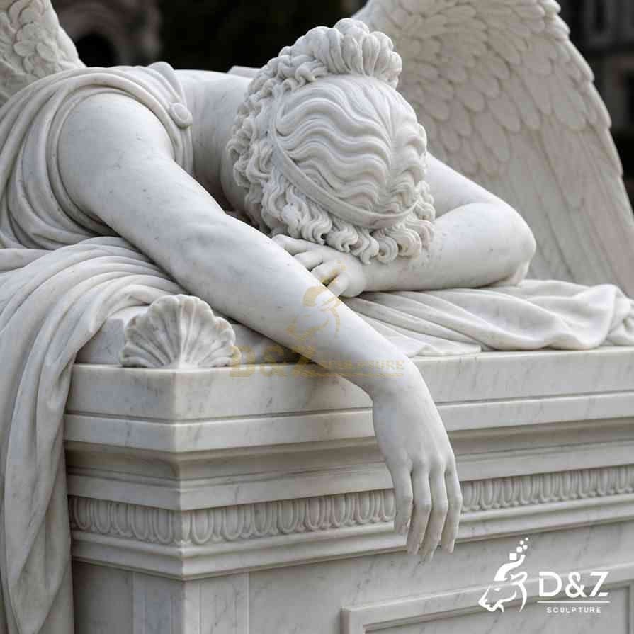 Close‑up detail marble weeping angel statue hand hair and feather wing stone carving