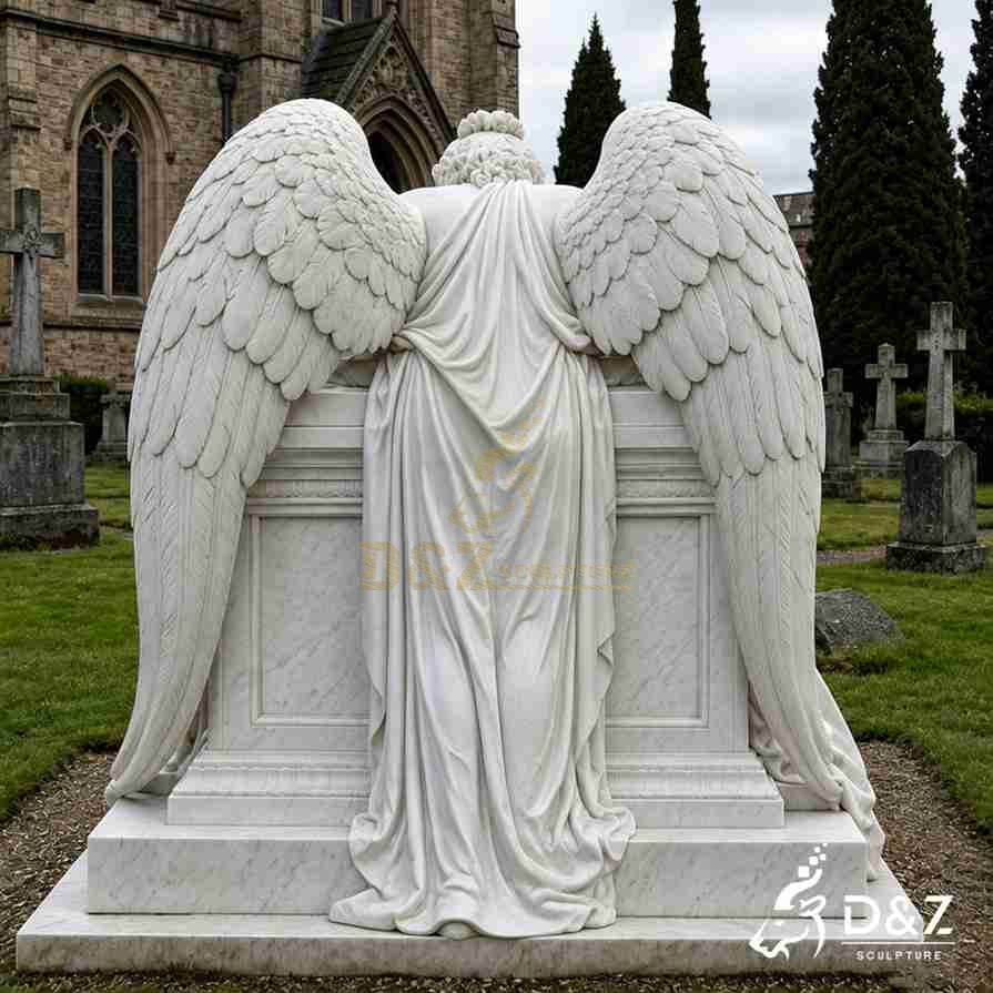 Back view large marble weeping angel statue full back drapery and big wings carving detail