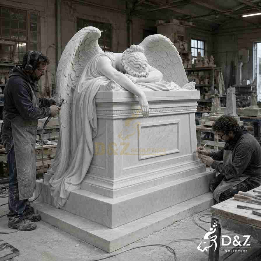 Craftsmen hand‑carving large marble weeping angel statue in sculpture workshop