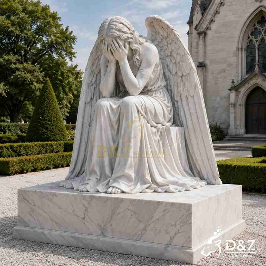 Craftsmen hand‑carving large marble weeping angel statue in sculpture workshop