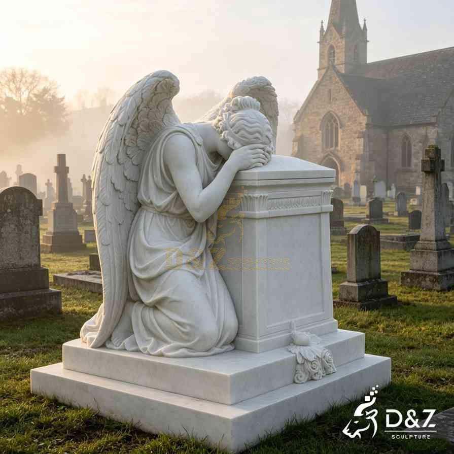 Kneeling marble weeping angel statue resting head on tomb box cemetery memorial monument