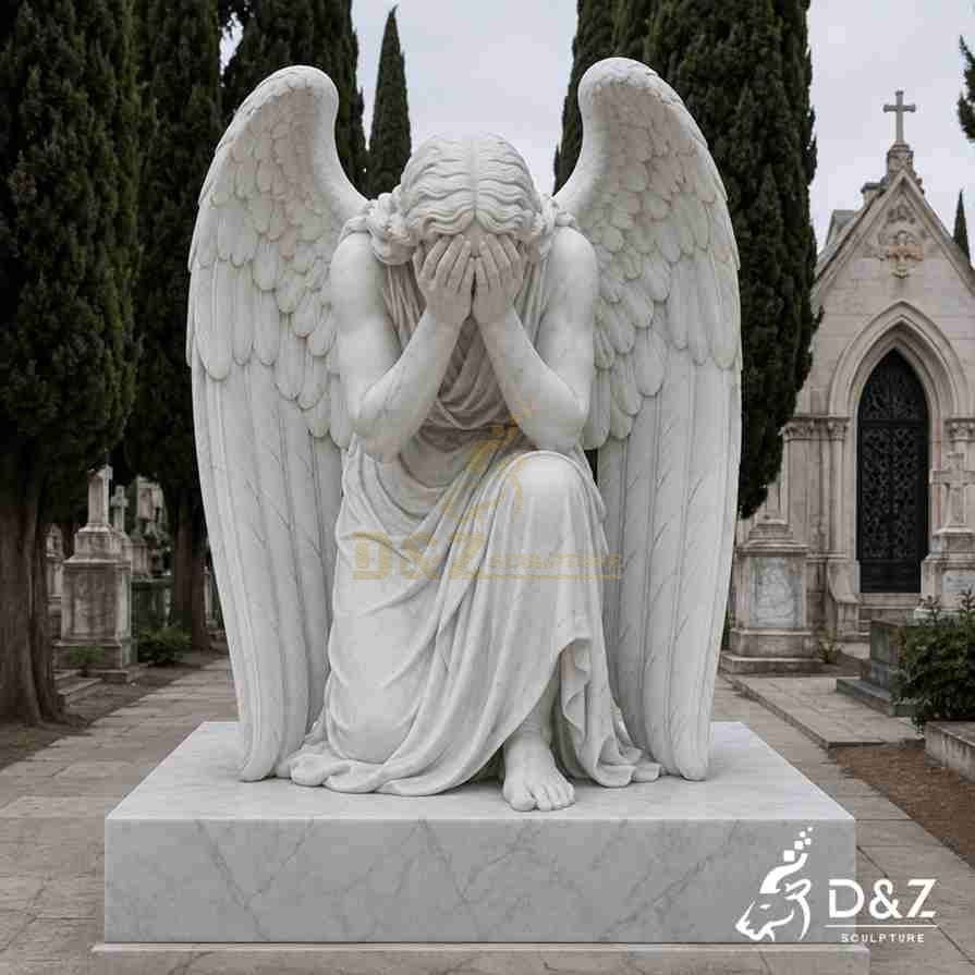 Kneeling covering‑face marble weeping angel statue full‑view cemetery memorial sculpture