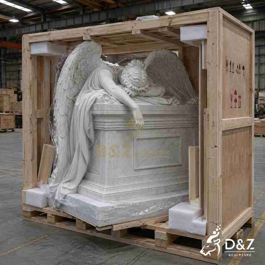 Marble weeping angel statue packed in wooden crate factory shipping preparation