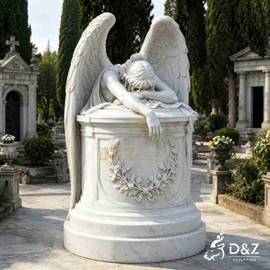 Round base marble weeping angel statue memorial tomb sculpture for cemetery project