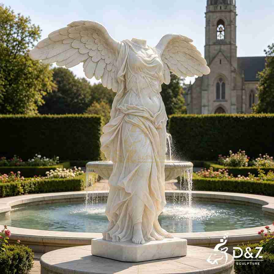 Side‑front view of carrara marble headless angel sculpture with wide feathered wings Side‑front view of carrara marble headless angel sculpture with wide feathered wings