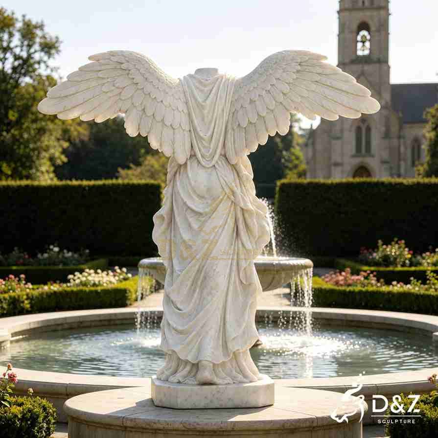 Back view of large marble headless angel statue with broad carved wings Back view of large marble headless angel statue with broad carved wings