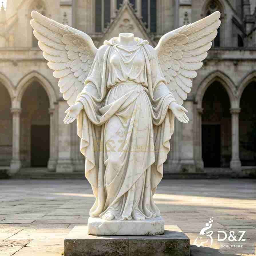 Full‑size headless marble angel statue with open out‑stretched palms, church plaza ornament Full‑size headless marble angel statue with open out‑stretched palms, church plaza ornament