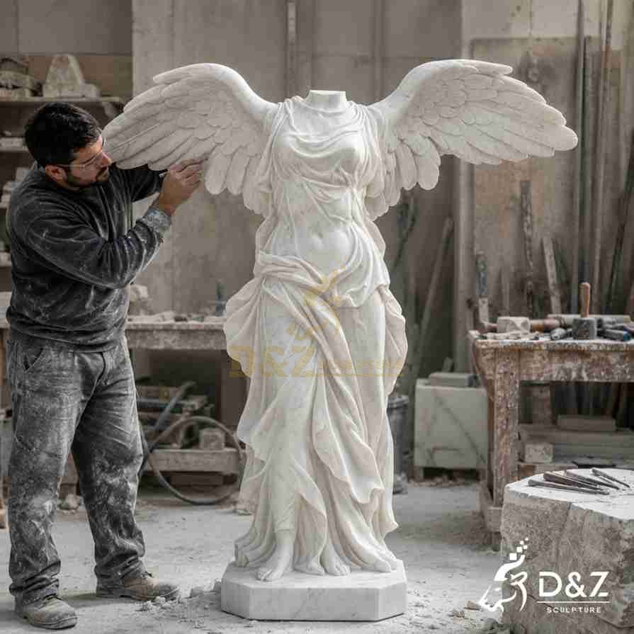 Craftsman hand‑carving wings of carrara white marble headless angel statue in workshop Craftsman hand‑carving wings of carrara white marble headless angel statue in workshop