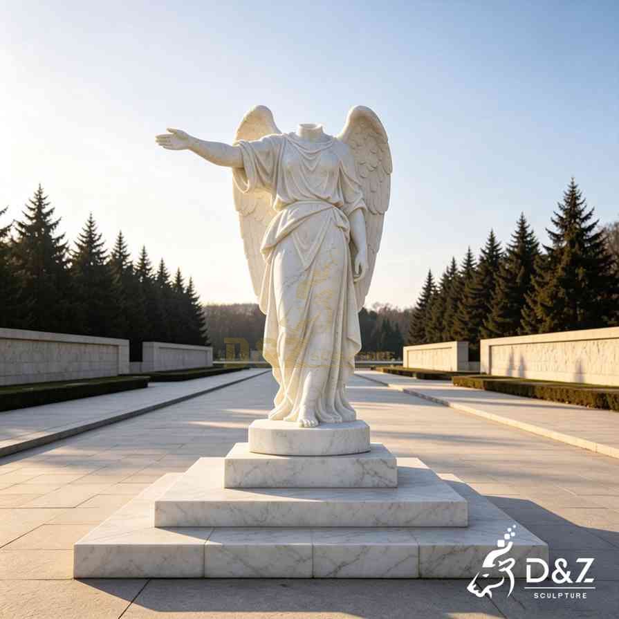 White marble headless angel sculpture with one outstretched guiding hand, memorial plaza decor White marble headless angel sculpture with one outstretched guiding hand, memorial plaza decor
