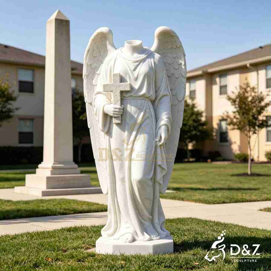 Carrara marble headless angel statue holding christian cross for cemetery memorial Carrara marble headless angel statue holding christian cross for cemetery memorial