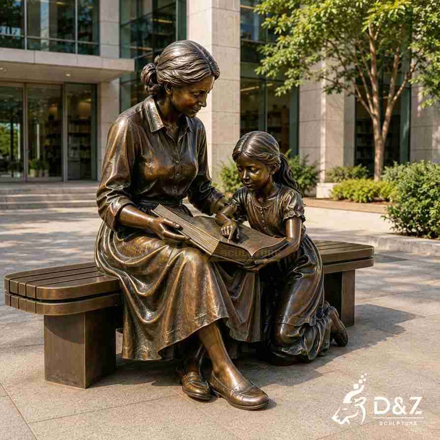 Side‑angle bronze sculpture of woman reading with young girl, campus plaza decorative statue Side‑angle bronze sculpture of woman reading with young girl, campus plaza decorative statue
