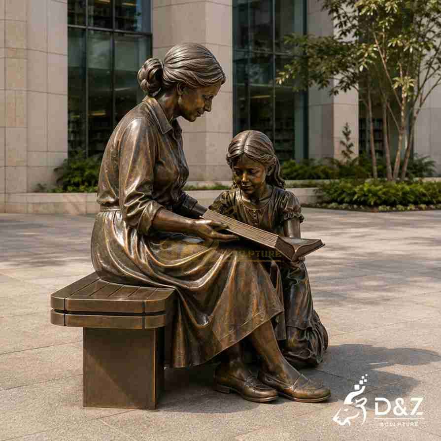 Profile view bronze statue, mother sitting on bench reading book together with little girl Profile view bronze statue, mother sitting on bench reading book together with little girl