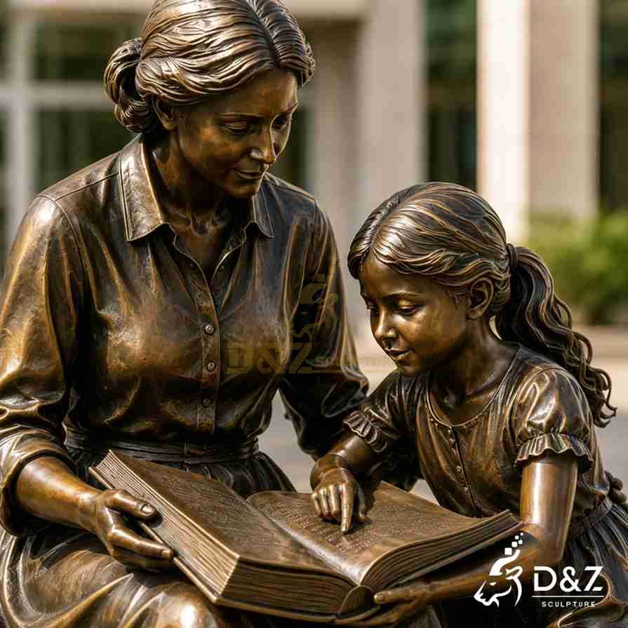 Close‑up bronze detail sculpture, mother and little girl reading large open book outdoors Close‑up bronze detail sculpture, mother and little girl reading large open book outdoors