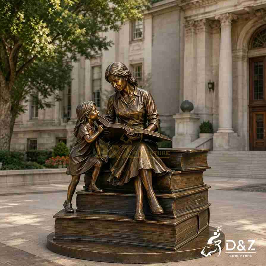 Large bronze statue of mother and girl reading book stacked on book‑shaped base, university garden decor Large bronze statue of mother and girl reading book stacked on book‑shaped base, university garden decor