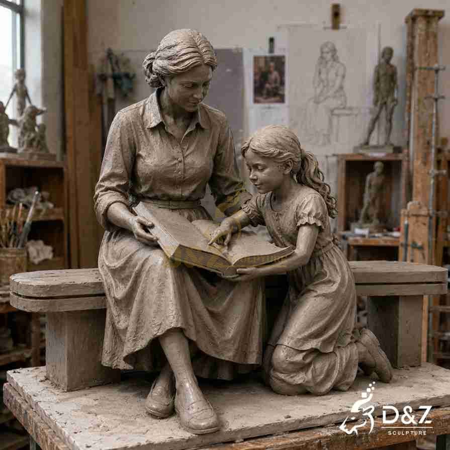 Clay prototype sculpture of mother reading with little girl in artist workshop for bronze casting Clay prototype sculpture of mother reading with little girl in artist workshop for bronze casting