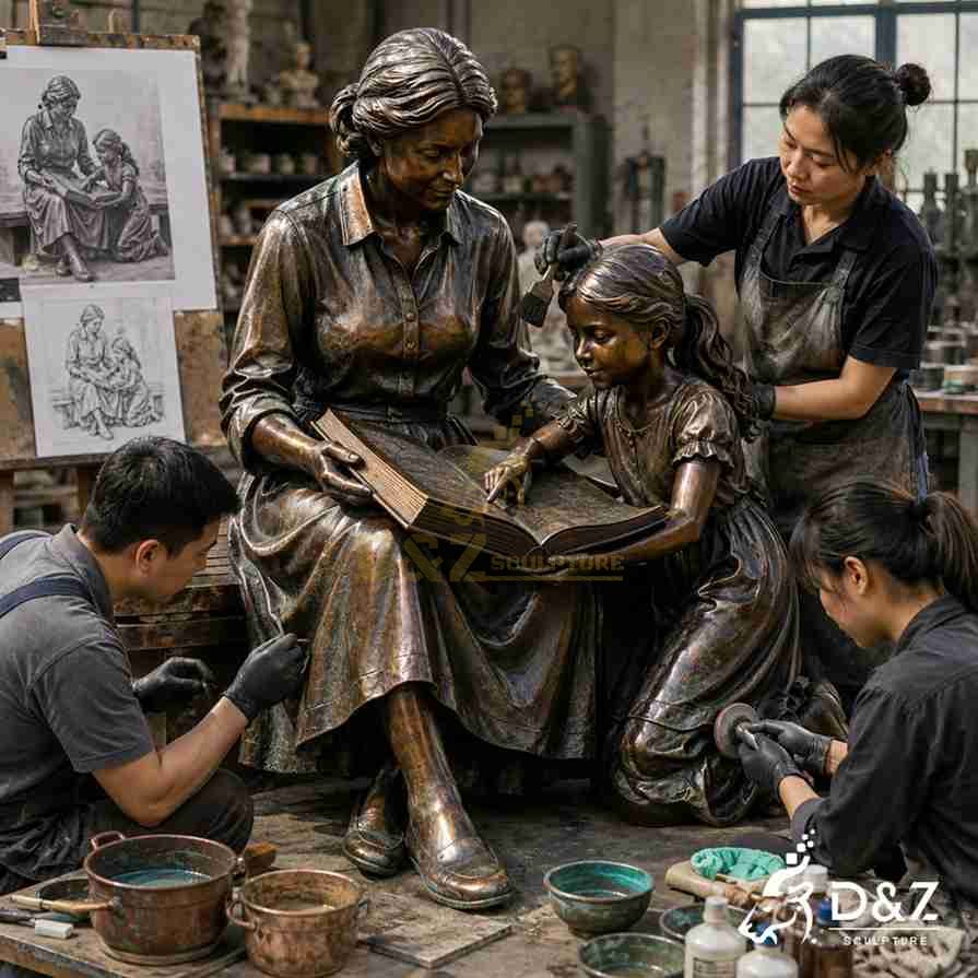 Bronze reading‑theme statue being polished and patinated by craftsmen inside sculpture workshop Bronze reading‑theme statue being polished and patinated by craftsmen inside sculpture workshop