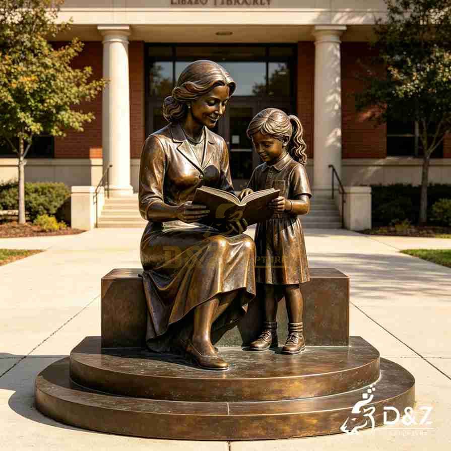 Full‑view bronze sculpture of seated woman reader with standing little girl, library entrance public statue Full‑view bronze sculpture of seated woman reader with standing little girl, library entrance public statue