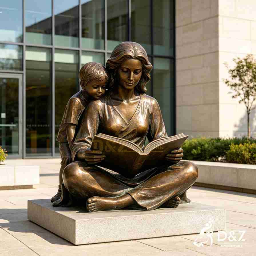 Bronze sculpture of mother sitting cross‑legged reading book with little boy behind her, campus outdoor artwork Bronze sculpture of mother sitting cross‑legged reading book with little boy behind her, campus outdoor artwork