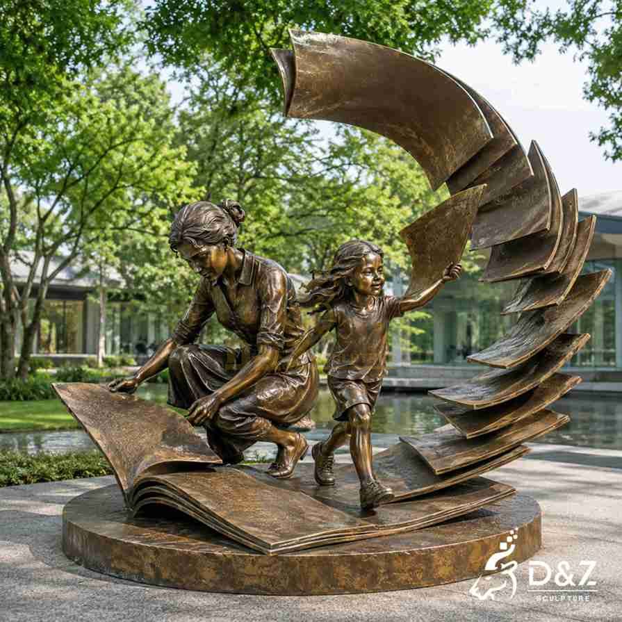 Creative bronze sculpture of mother and child with swirling flying book pages, park educational art decor Creative bronze sculpture of mother and child with swirling flying book pages, park educational art decor