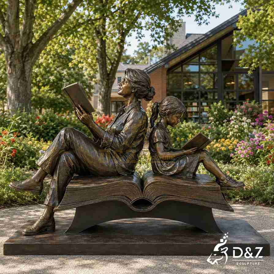 Creative bronze sculpture of mother and child with swirling flying book pages, park educational art decor Creative bronze sculpture of mother and child with swirling flying book pages, park educational art decor