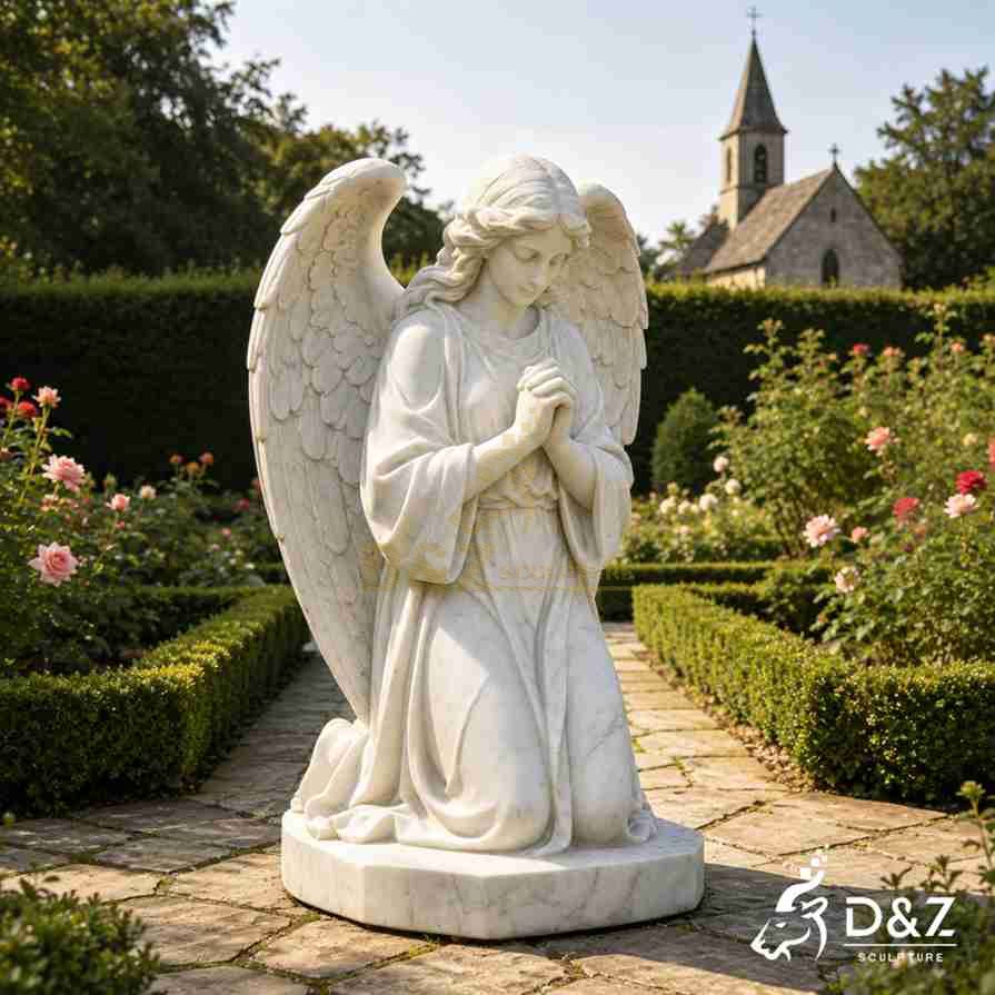 marble kneeling praying angel statue three‑quarter view, white marble praying angel sculpture for cemetery memorial garden marble kneeling praying angel statue three‑quarter view, white marble praying angel sculpture for cemetery memorial garden