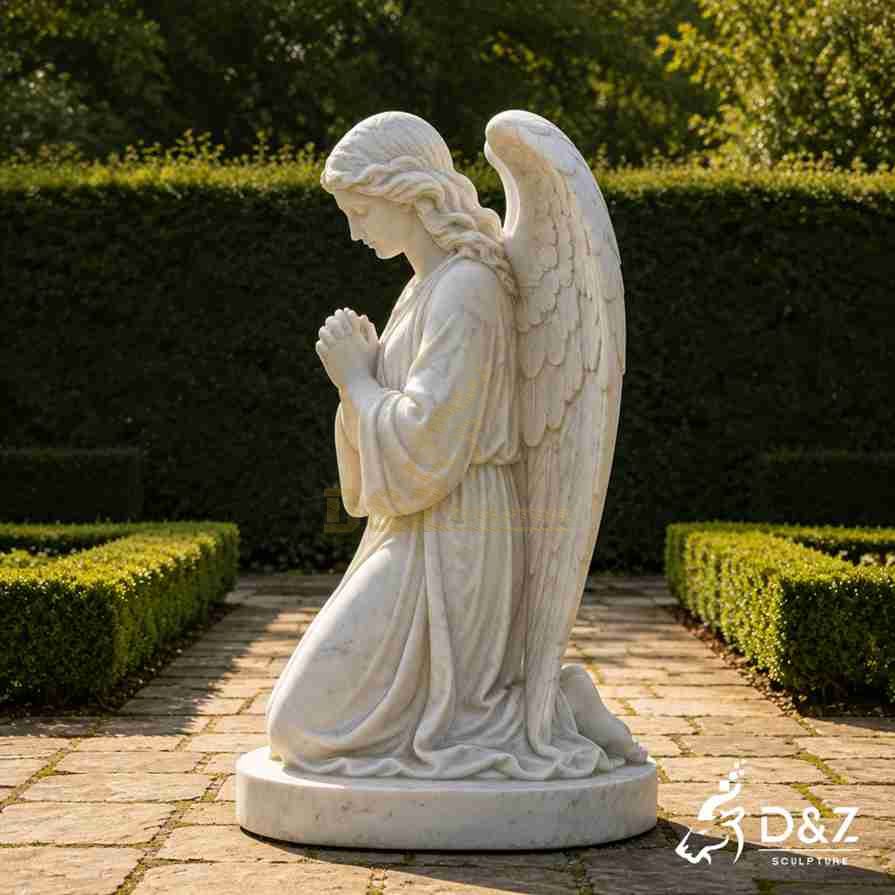 marble kneeling praying angel statue side profile view, white marble praying angel sculpture for cemetery memorial garden marble kneeling praying angel statue side profile view, white marble praying angel sculpture for cemetery memorial garden