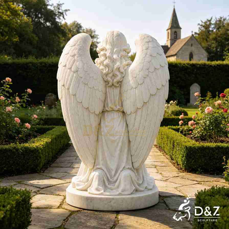 marble kneeling praying angel statue back view, white marble praying angel sculpture for cemetery memorial garden marble kneeling praying angel statue back view, white marble praying angel sculpture for cemetery memorial garden