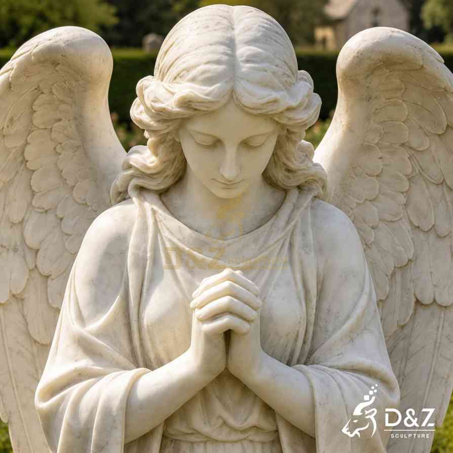 close‑up of marble kneeling praying angel statue face and hands, white marble praying angel sculpture for cemetery memorial garden close‑up of marble kneeling praying angel statue face and hands, white marble praying angel sculpture for cemetery memorial garden
