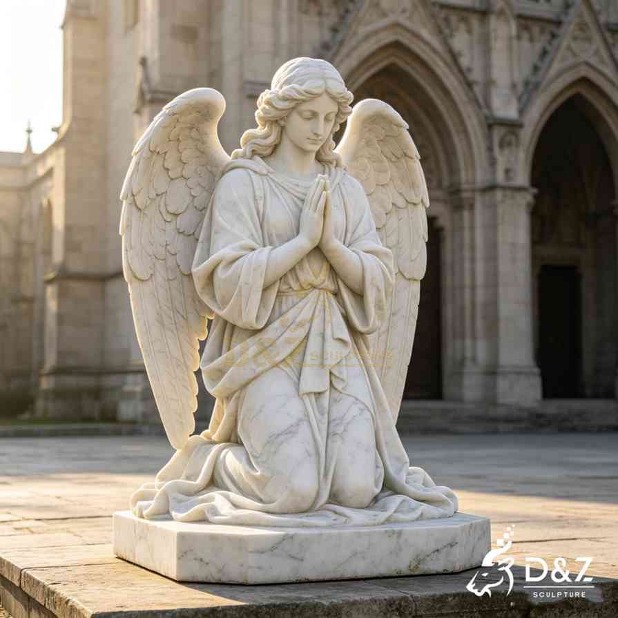 marble kneeling praying angel statue in front of church building, white marble praying angel sculpture for cemetery memorial garden marble kneeling praying angel statue in front of church building, white marble praying angel sculpture for cemetery memorial garden
