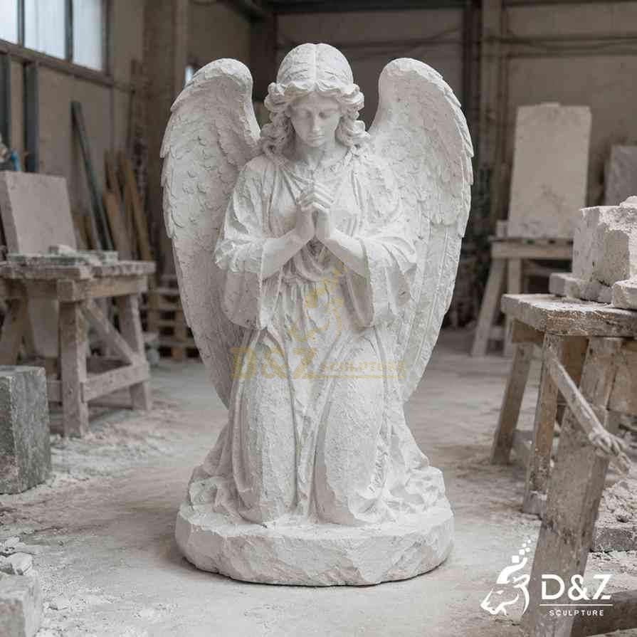 unfinished marble kneeling praying angel statue in workshop, white marble praying angel sculpture for cemetery memorial garden unfinished marble kneeling praying angel statue in workshop, white marble praying angel sculpture for cemetery memorial garden