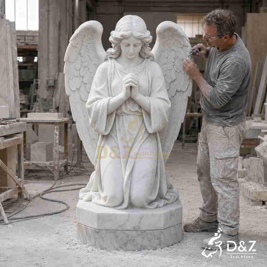 craftsman carving kneeling praying white marble angel statue in stone workshop, cemetery memorial sculpture craftsman carving kneeling praying white marble angel statue in stone workshop, cemetery memorial sculpture