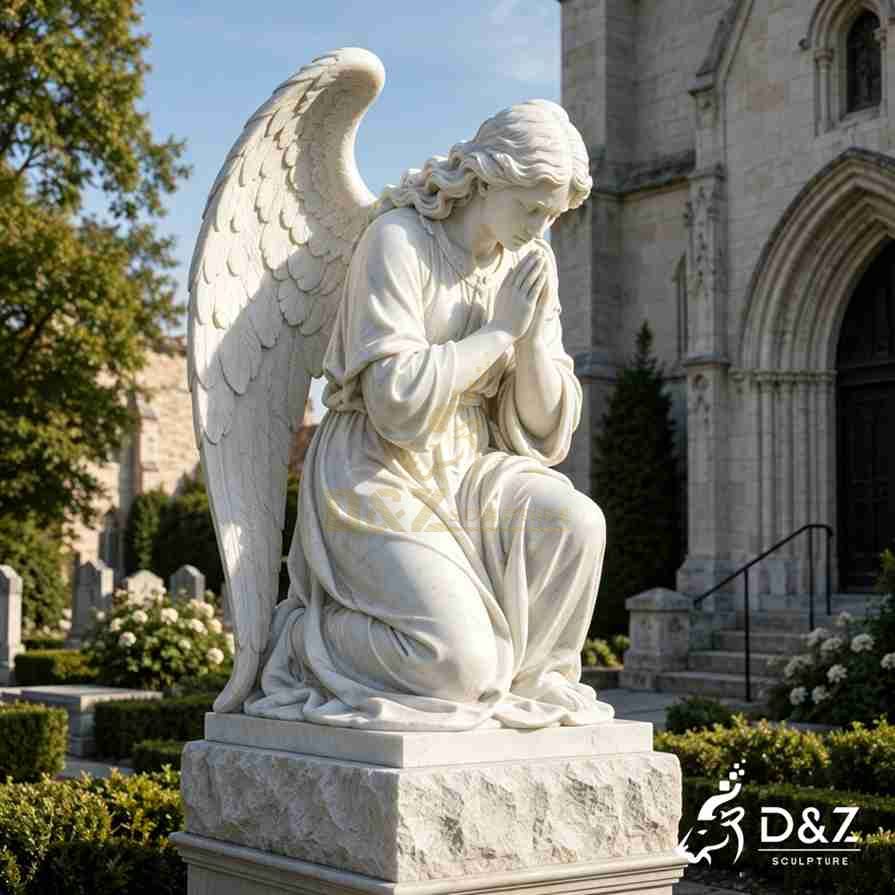 three‑quarter view of marble kneeling praying angel statue beside gothic church for tomb monument three‑quarter view of marble kneeling praying angel statue beside gothic church for tomb monument
