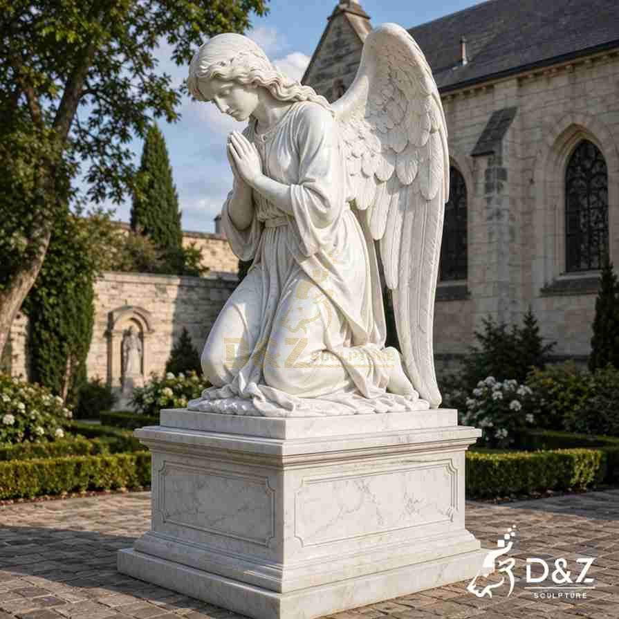side angle shot of white marble kneeling prayer angel sculpture on carved stone pedestal for graveyard side angle shot of white marble kneeling prayer angel sculpture on carved stone pedestal for graveyard
