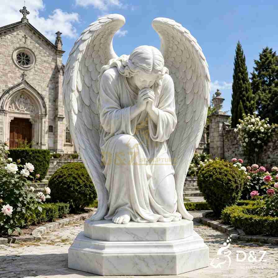 front view bowed‑head kneeling marble praying angel statue with large wings for cemetery memorial decoration front view bowed‑head kneeling marble praying angel statue with large wings for cemetery memorial decoration