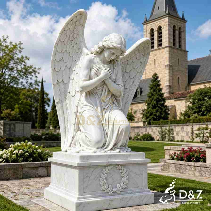 kneeling marble angel statue with hands on chest, memorial angel sculpture on decorated marble plinth for church garden kneeling marble angel statue with hands on chest, memorial angel sculpture on decorated marble plinth for church garden