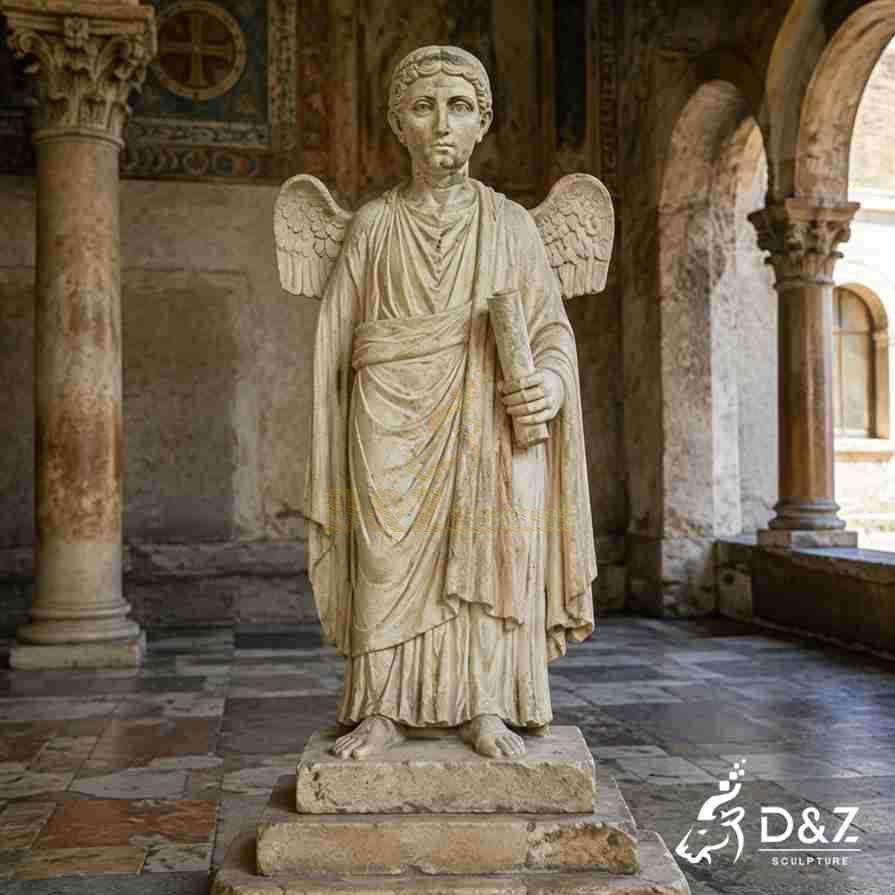 Early Christian stone angel statue holding a scroll and raising one hand inside an ancient church