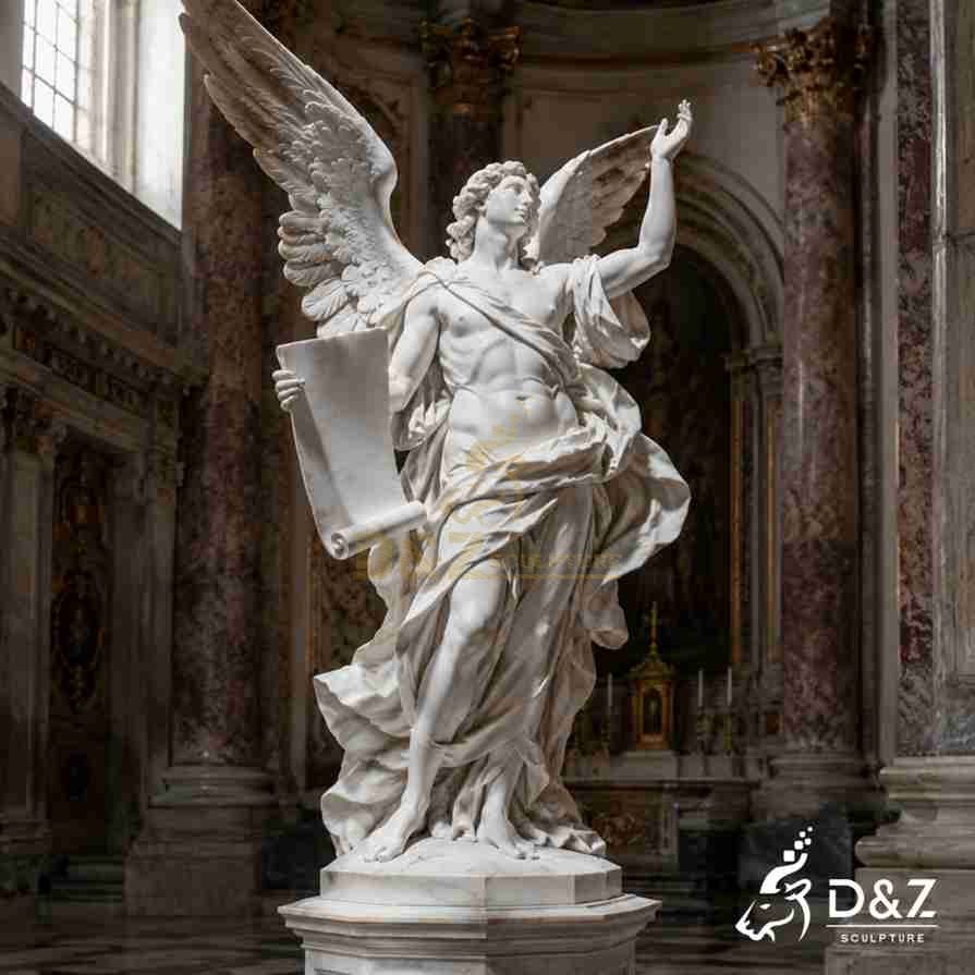 Baroque white marble angel statue with raised wings, a scroll, and flowing robes inside an ornate church