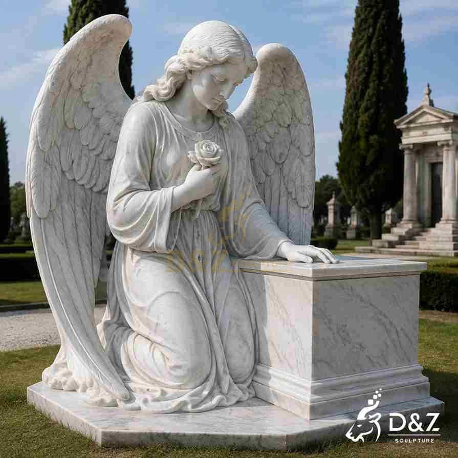 White marble cemetery angel statue kneeling with a rose beside a memorial tomb