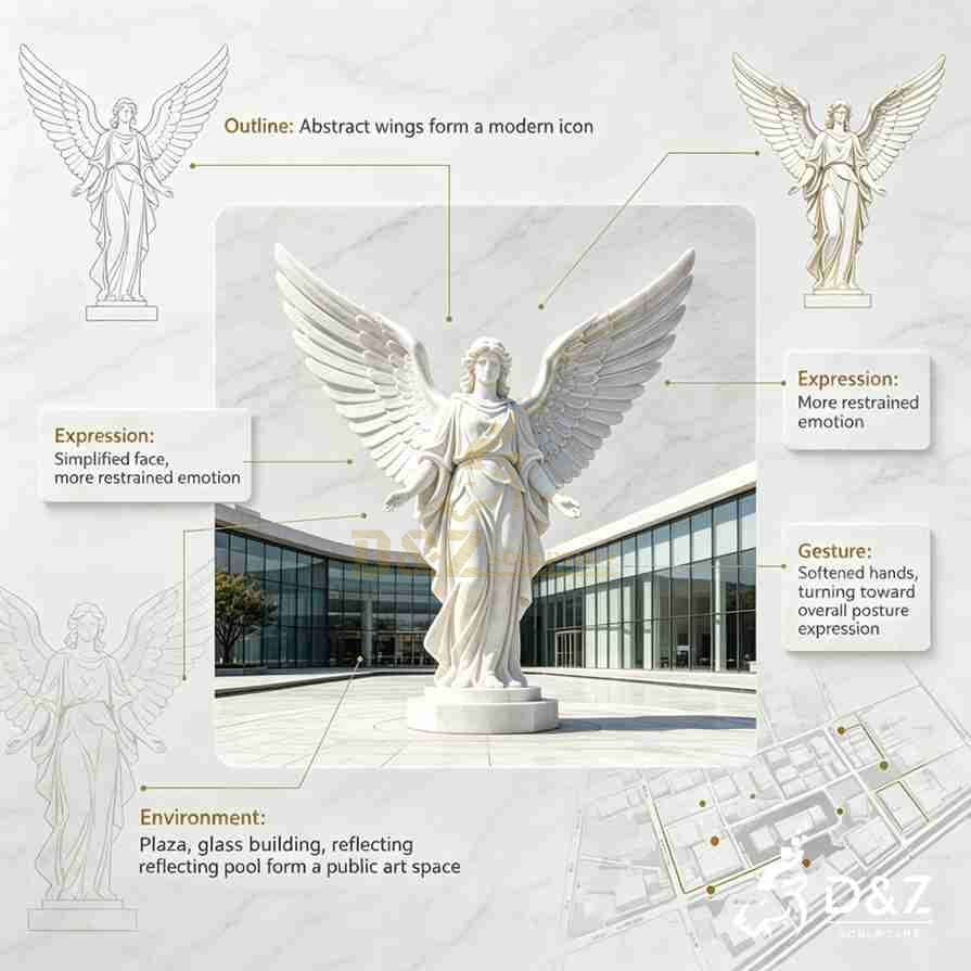 Timeline of famous angel statues from early religious art to Baroque, memorial, and modern public sculpture