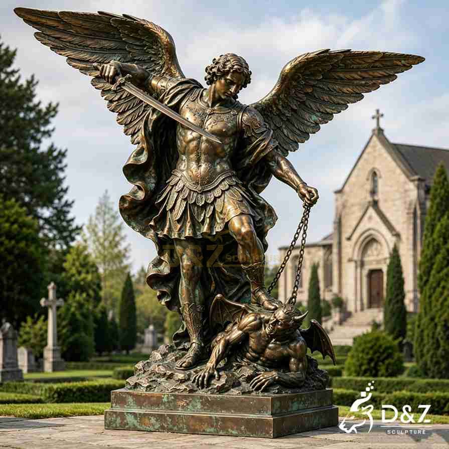 Bronze Archangel Michael statue with spread wings and sword defeating the devil in a church garden