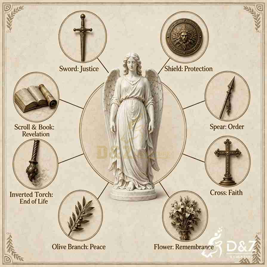 Angel statue symbols infographic featuring a sword, shield, spear, cross, flowers, olive branch, torch, and scroll