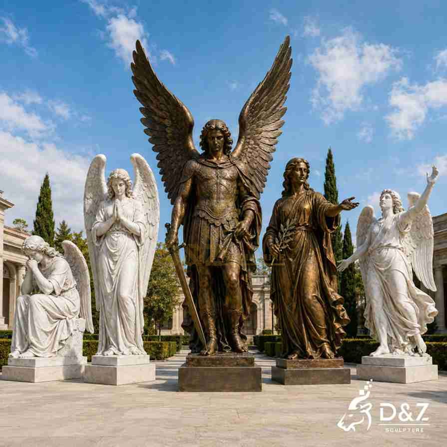 Bronze and white marble angel statues in guardian, praying, mourning, peace, and hope poses
