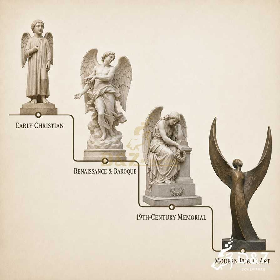 Angel statue design analysis showing silhouette, facial expression, hand gesture, and placement in a modern plaza