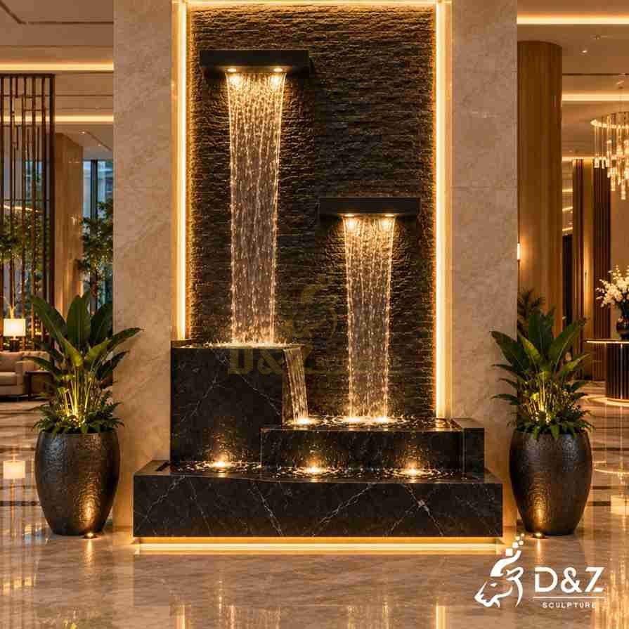 Custom black marble indoor wall fountain with stepped waterfalls Custom black marble indoor wall fountain with stepped waterfalls