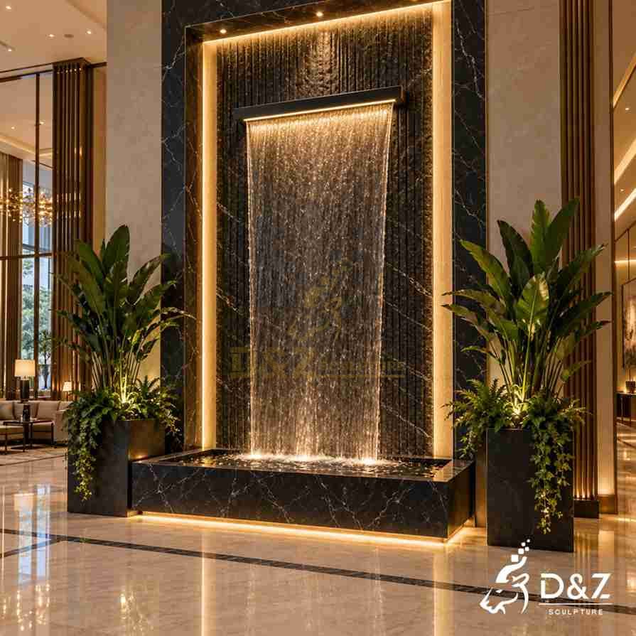 Modern large indoor wall fountain with a wide illuminated water curtain Modern large indoor wall fountain with a wide illuminated water curtain