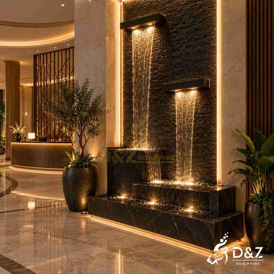 Large indoor wall fountain displayed in a luxury hotel lobby Large indoor wall fountain displayed in a luxury hotel lobby