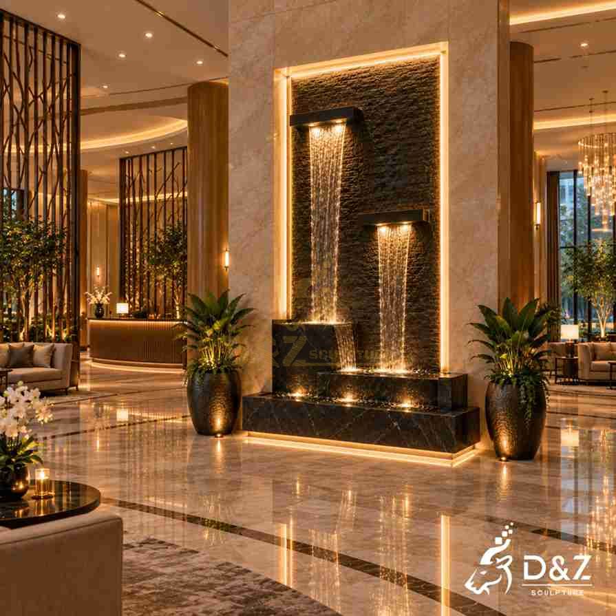 Black indoor wall water fountain for a spacious hotel lobby Black indoor wall water fountain for a spacious hotel lobby