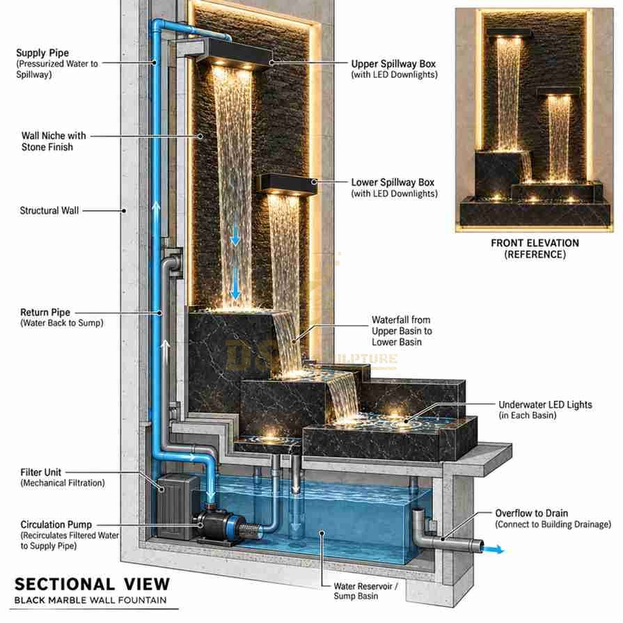Sectional diagram of an indoor wall fountain circulation system Sectional diagram of an indoor wall fountain circulation system