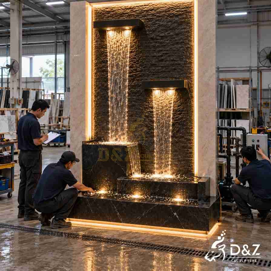 Factory assembly and water testing of a large indoor wall fountai Factory assembly and water testing of a large indoor wall fountai